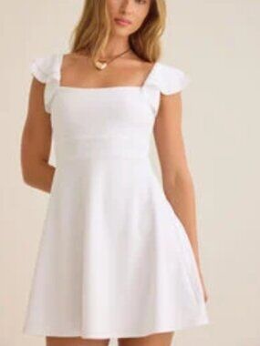 White Mini Dress, Fit & Flare, Flutter Sleeve, Back Tie, XS
